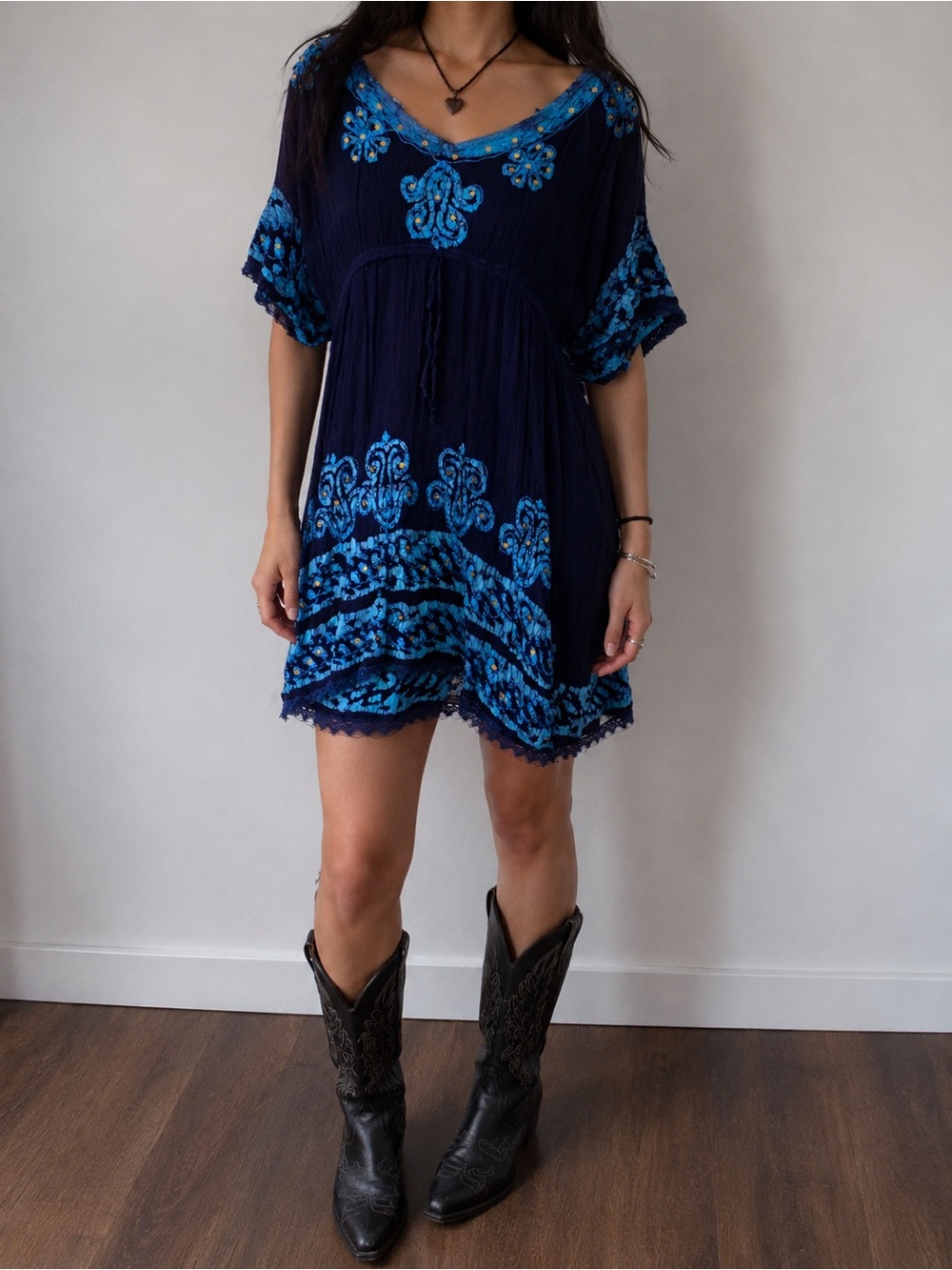 Ocean Breeze XL Navy Blue Embroidered Sequin Boho Tunic Dress